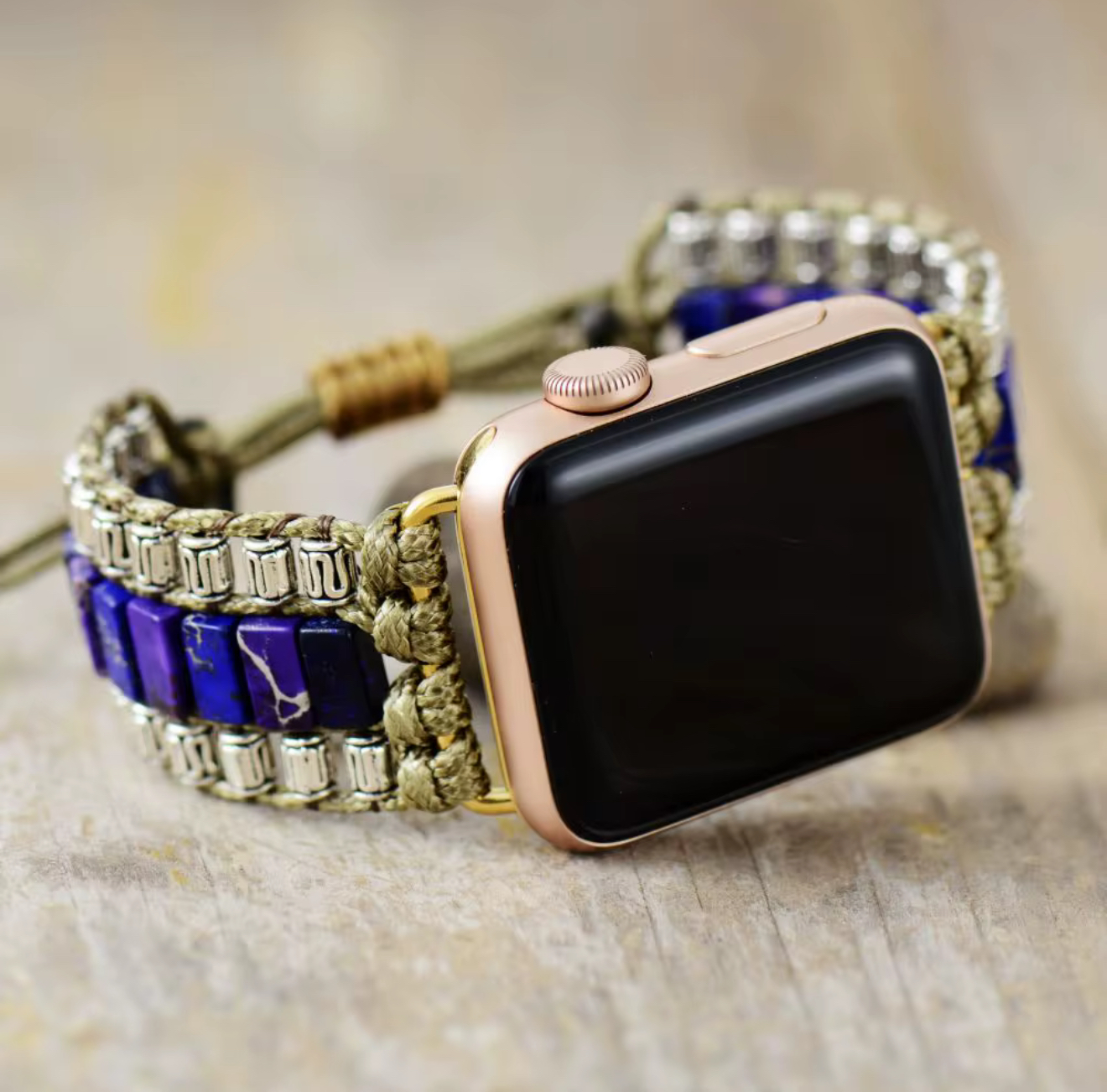 Purple Imperial Jasper Apple Watch Band with olive macramé and silver accents on gold Apple Watch