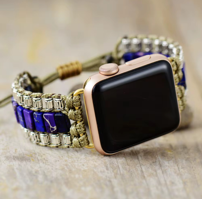 Purple Imperial Jasper Apple Watch Band with olive macramé and silver accents on gold Apple Watch