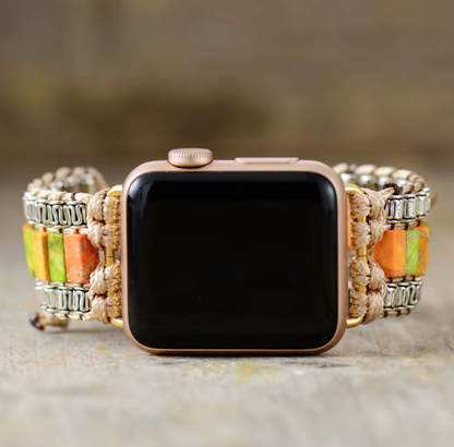 Citrus Calm Apple Watch Band with natural orange and green stone tiles and woven neutral cord