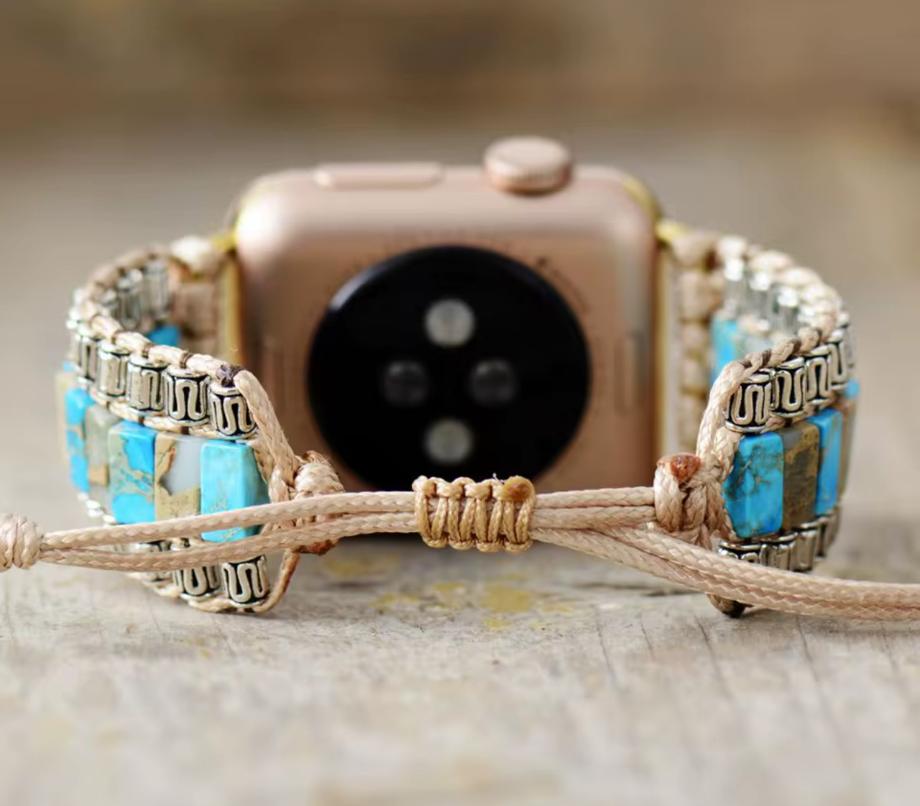 Desert Tide Apple Watch Band with handwoven beige cord, turquoise and stone tiles, antique silver accents, and adjustable slide closure.