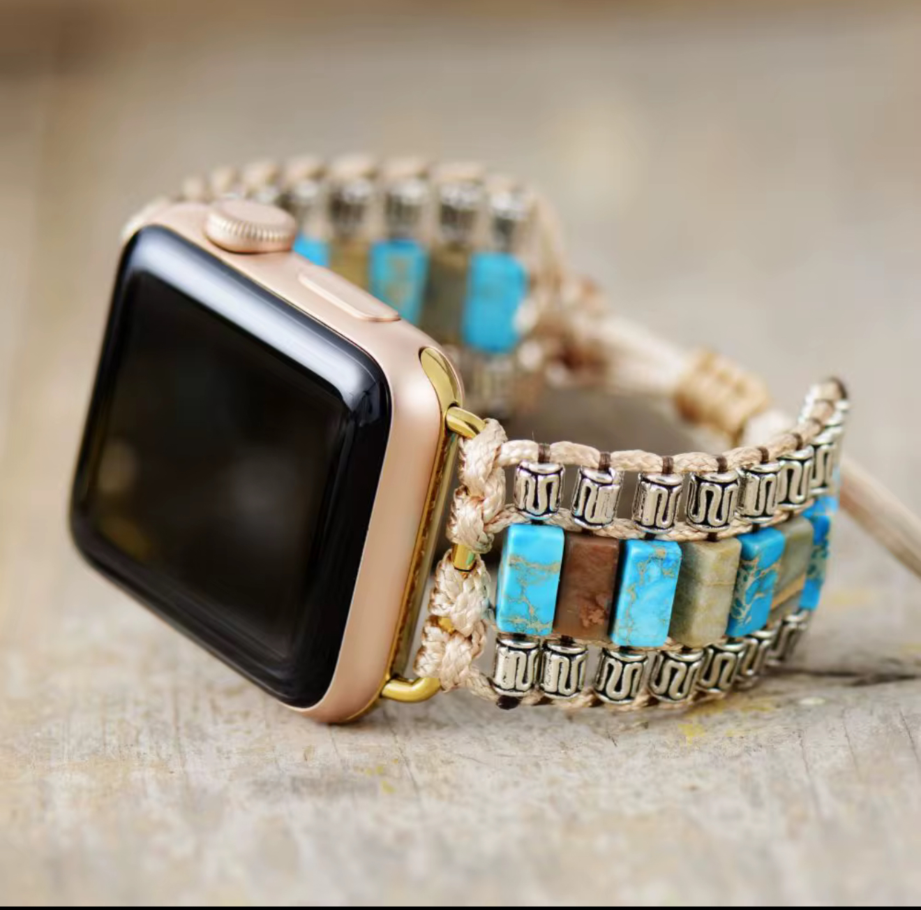 Desert Tide Apple Watch Band with handwoven beige cord, turquoise and natural stone tiles, antique silver accents, and adjustable slide closure.