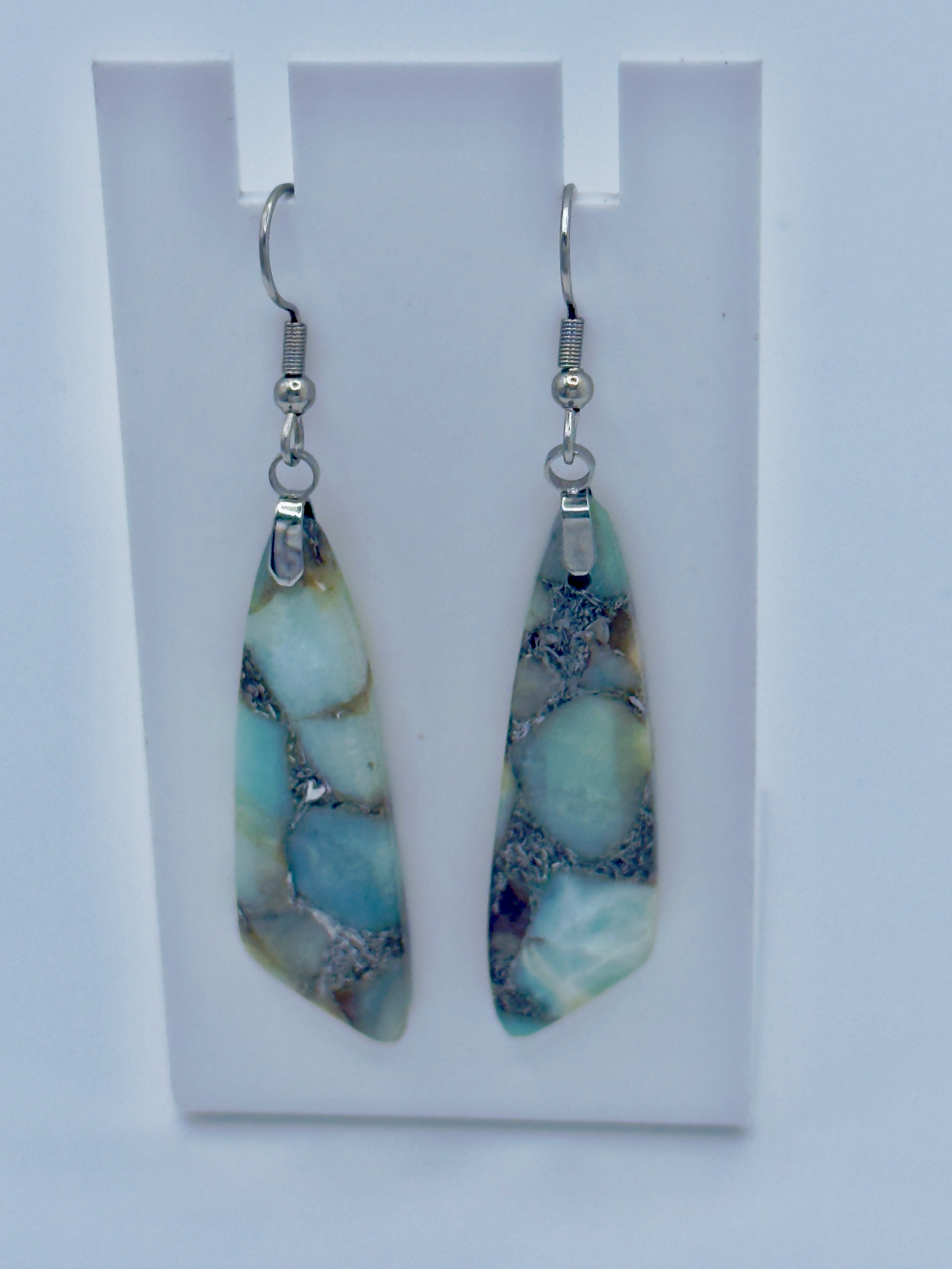 Soft Horizon stone drop earrings with natural aqua and earth tones on silver hooks