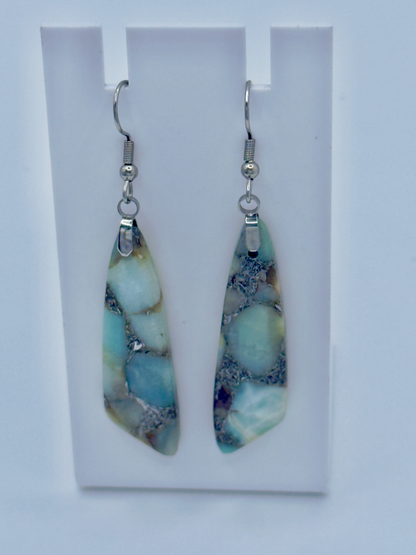 Soft Horizon stone drop earrings with natural aqua and earth tones on silver hooks