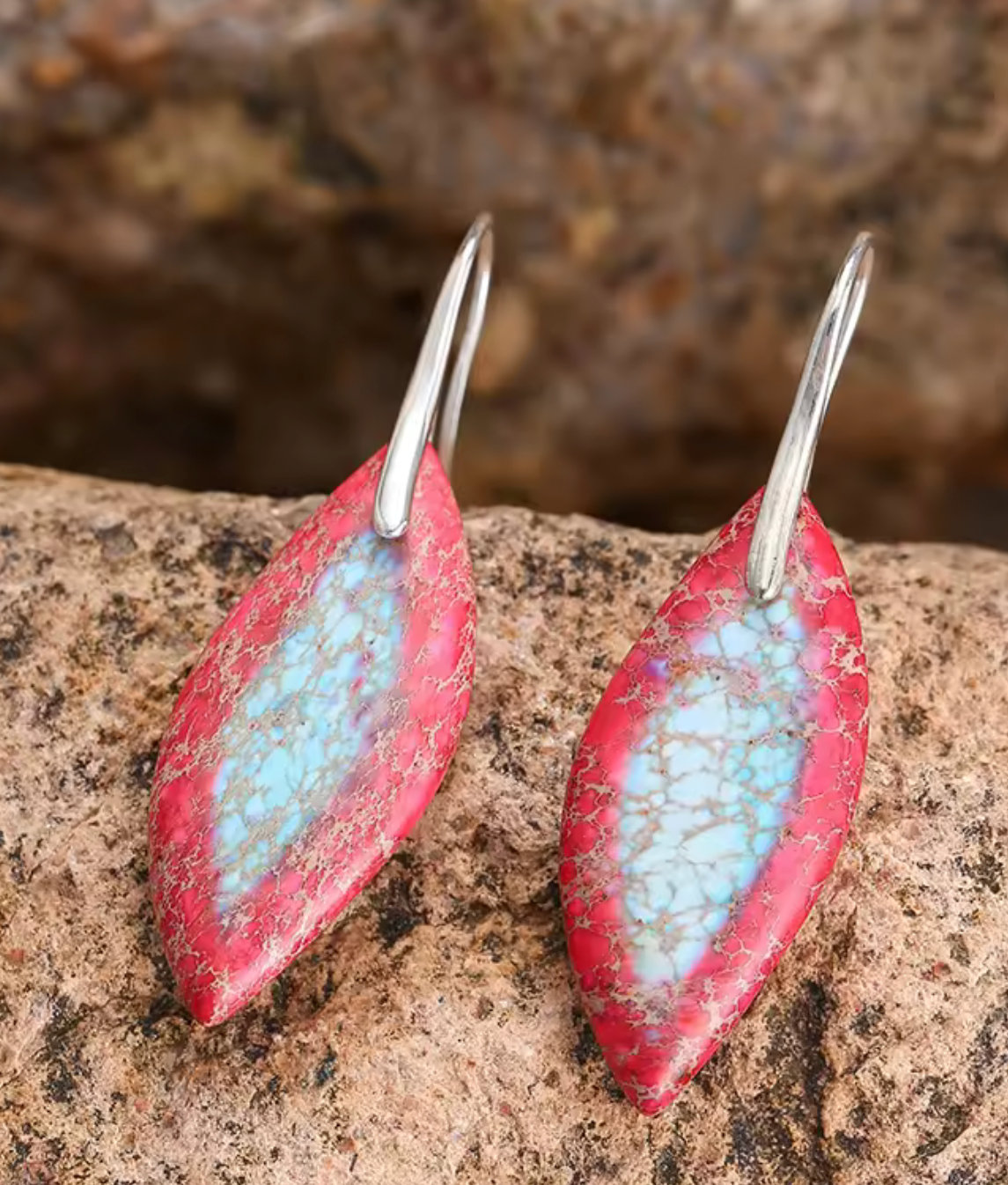 Crimson Sky Jasper drop earrings with elongated red and sky-blue marbled Agate stones and silver-tone hooks