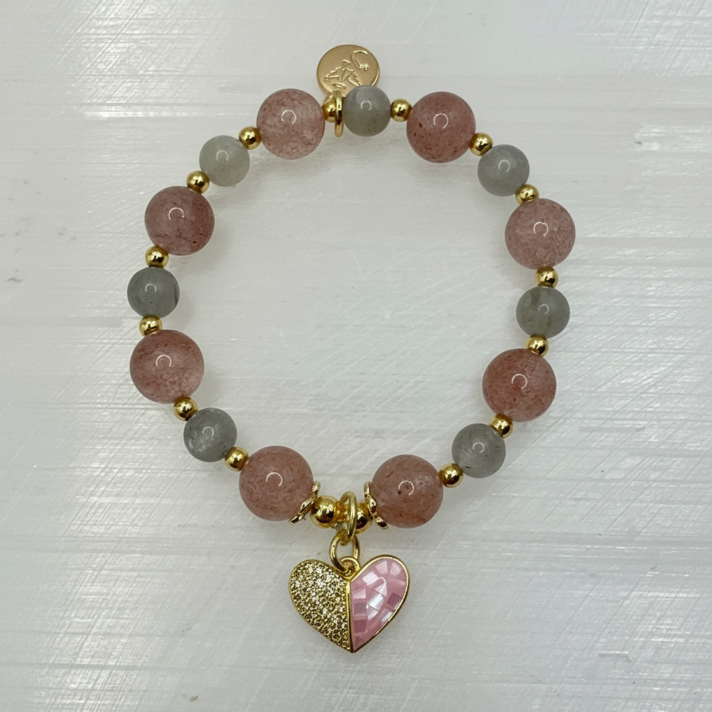 Love Compassion Bracelet with Strawberry Quartz, Labradorite, and heart charm on white background