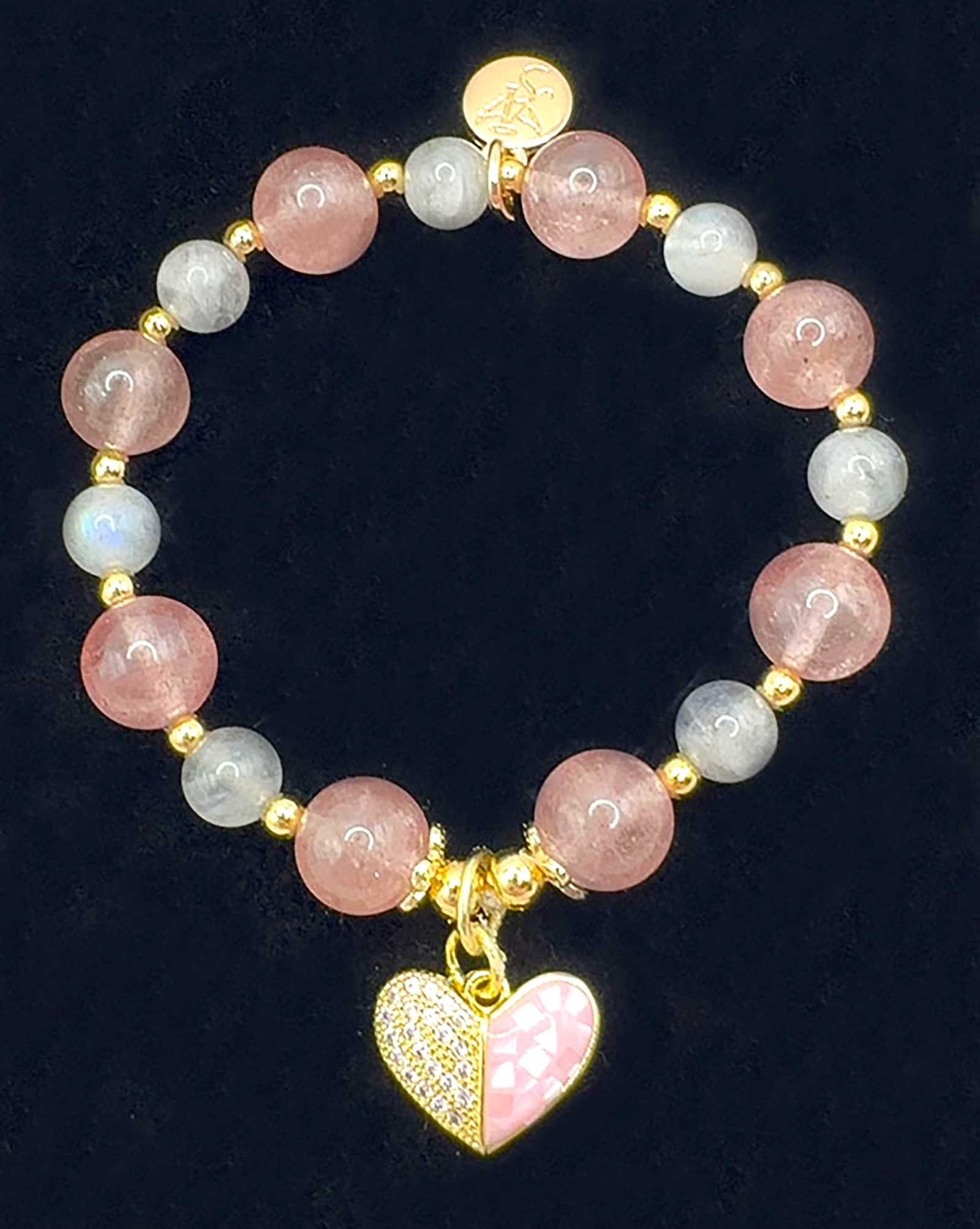 Love Compassion Bracelet featuring Strawberry Quartz and Labradorite with optional gold and pink heart charm