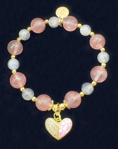 Love Compassion Bracelet featuring Strawberry Quartz and Labradorite with optional gold and pink heart charm