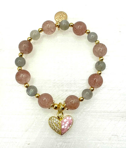 Love Compassion Bracelet with Strawberry Quartz, Labradorite, and heart charm on wrist
