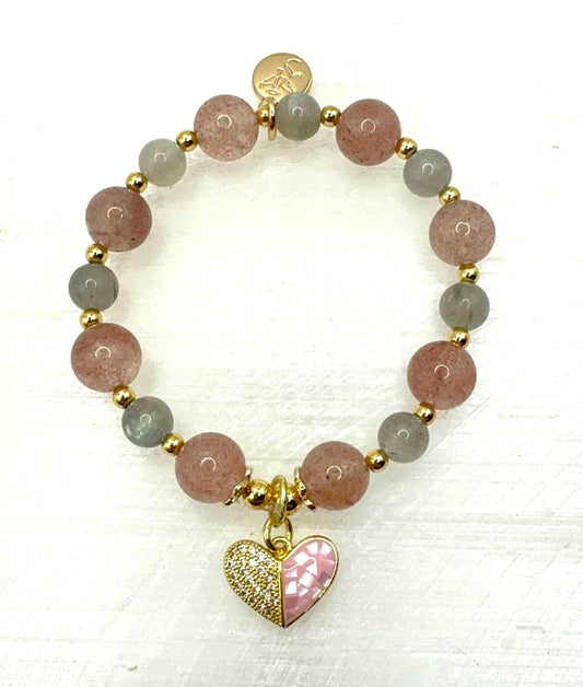 Love Compassion Bracelet with Strawberry Quartz, Labradorite, and heart charm on wrist