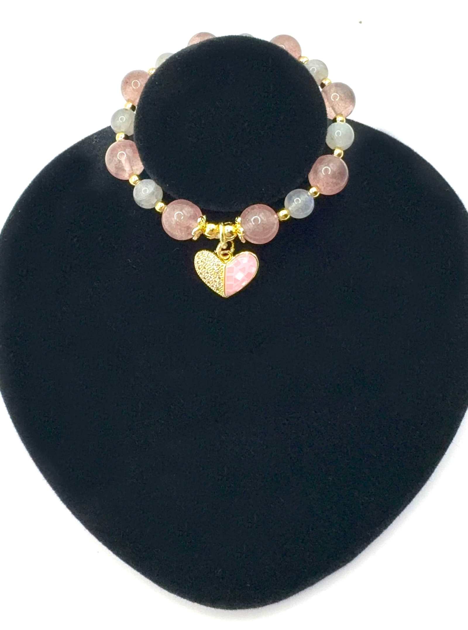 Love Compassion Bracelet featuring Strawberry Quartz and Labradorite with optional gold and pink heart charm
