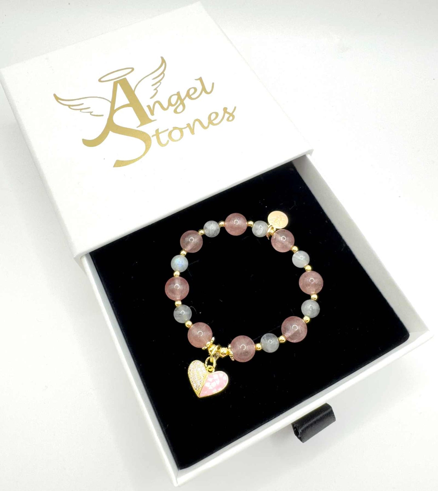 Love Compassion Bracelet featuring Strawberry Quartz and Labradorite with optional gold and pink heart charm