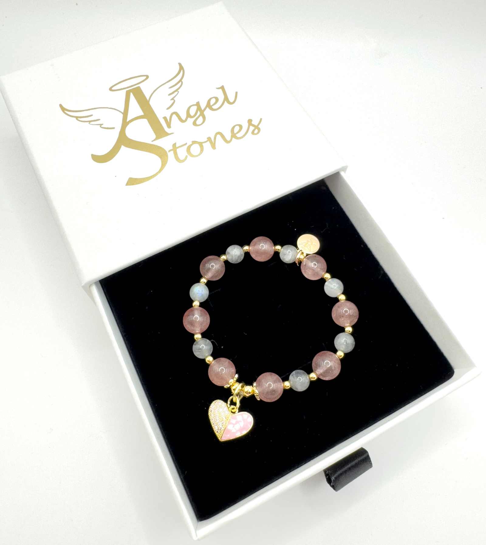 Love Compassion Bracelet featuring Strawberry Quartz and Labradorite with optional gold and pink heart charm