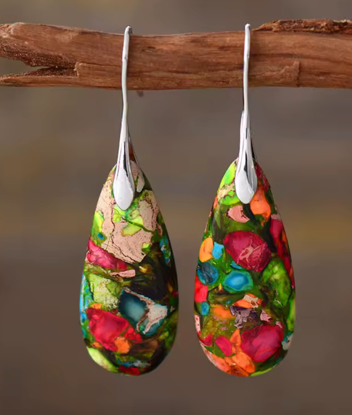 Wild Garden Jasper drop earrings with vibrant multicolor teardrop stones and silver-tone hangers