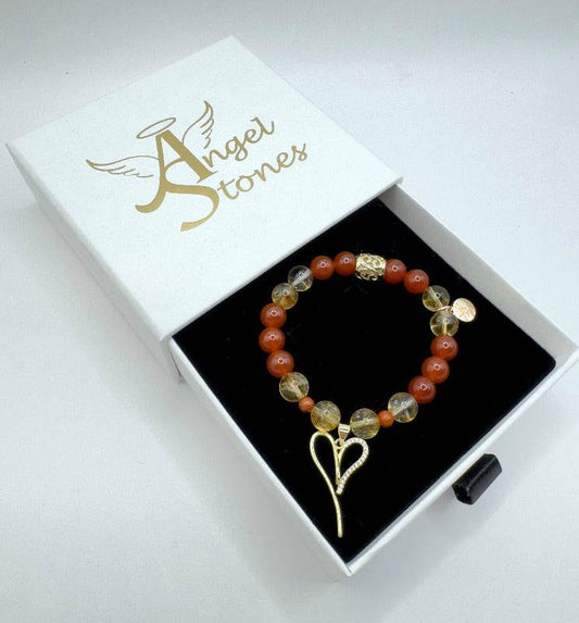 Passionate Love Bracelet with Carnelian, Citrine, and Red Jasper gemstones in a gift box with heart charm