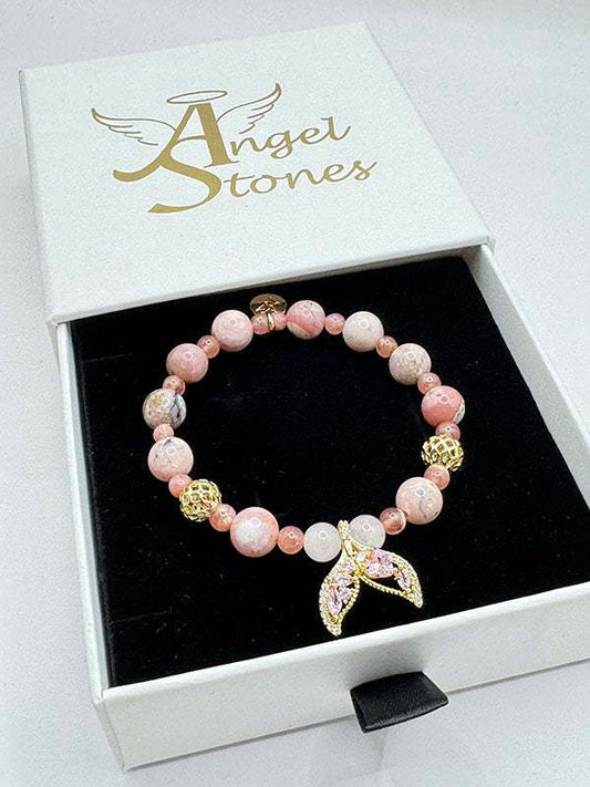 Peace Love Prosperity Bracelet with rose quartz, rhodochrosite, pink opal, and whale tail charm in gift box