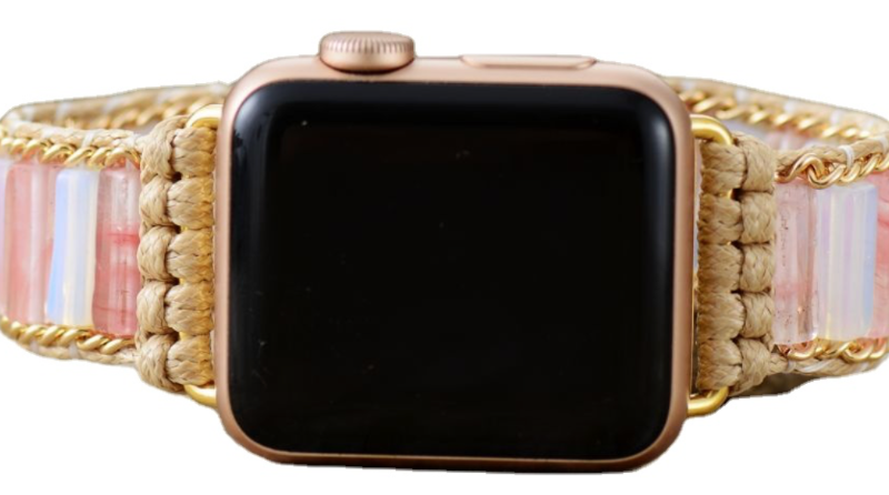 Peach White Crystal Apple Watch Band with white crystal columns, beige macramé, and gold-tone accents with adjustable slide closure.