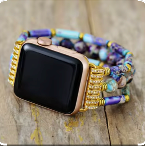Midnight Aura Apple Watch Band with natural blue, purple, and turquoise stone beads and gold-tone coil accents