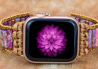 Violet Meadow Apple Watch Band with handwoven natural cord, purple and blush stone beads, gold-toned accents, and silver floral clasp