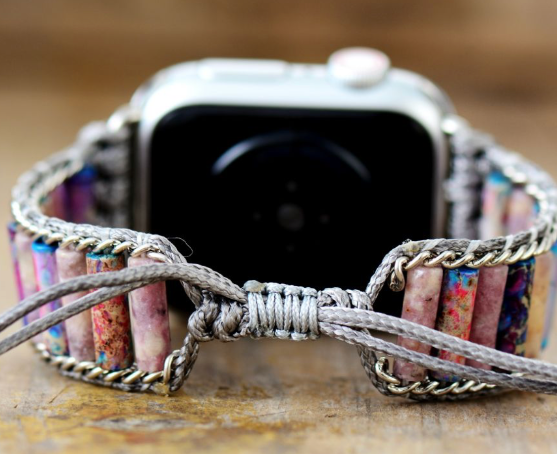 Close-up of a Multicolor Agate Apple Watch Band with handwoven silver macramé and adjustable slide closure.