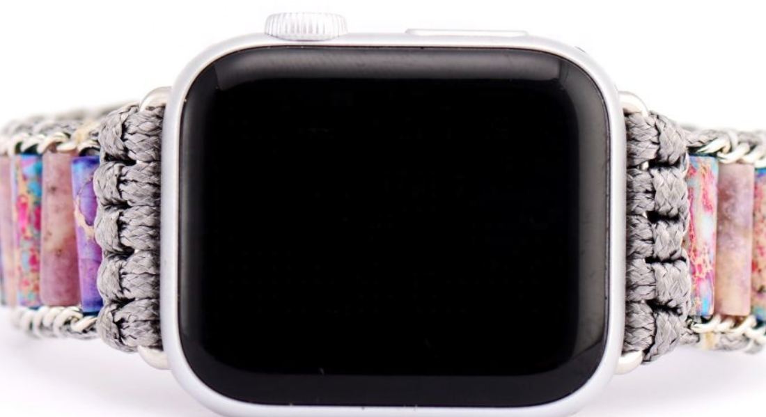 Close-up of Multicolor Agate Apple Watch Band with silver macramé and adjustable slide closure on Apple Watch