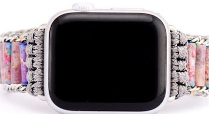 Close-up of Multicolor Agate Apple Watch Band with silver macramé and adjustable slide closure on Apple Watch