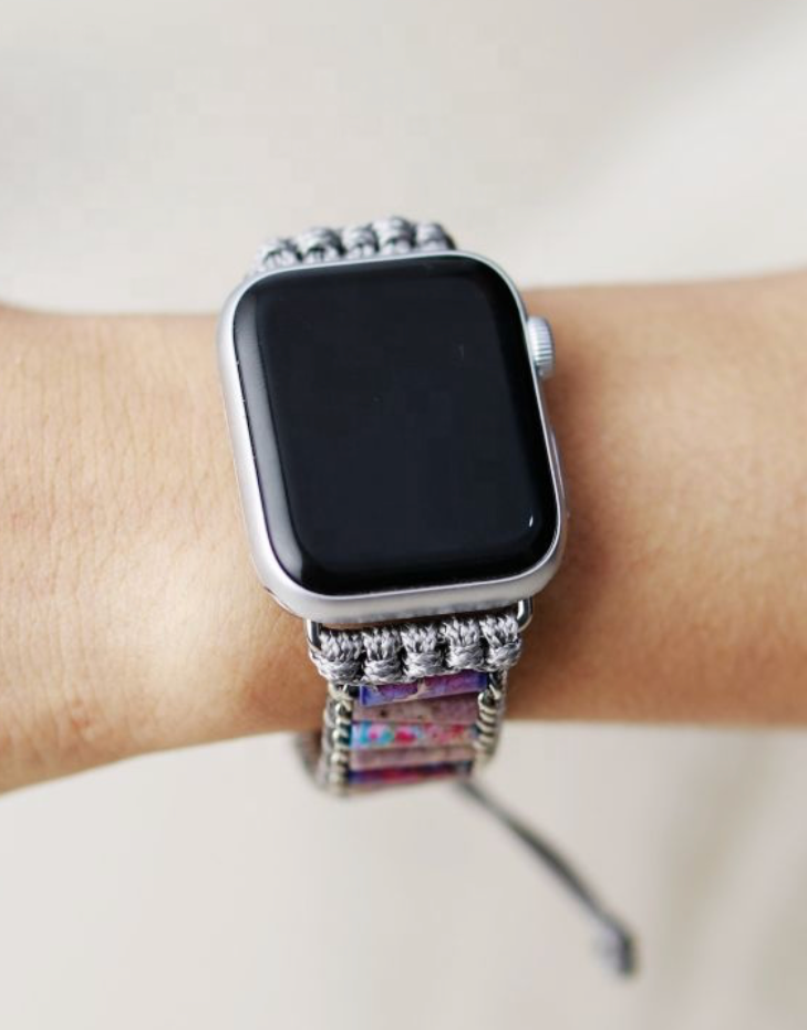 Multicolor Agate Apple Watch Band with handmade silver macramé and adjustable slide closure on wrist