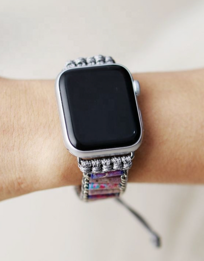 Multicolor Agate Apple Watch Band with handmade silver macramé and adjustable slide closure on wrist