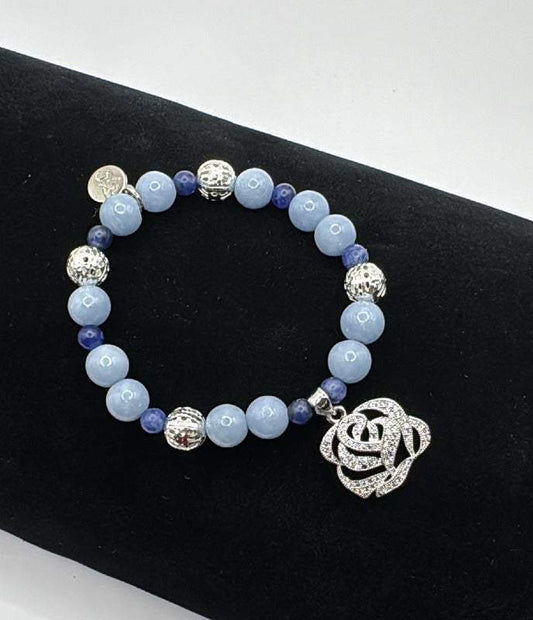 Blue Angelite and Sodalite clarity healing bracelet with silver rose charm